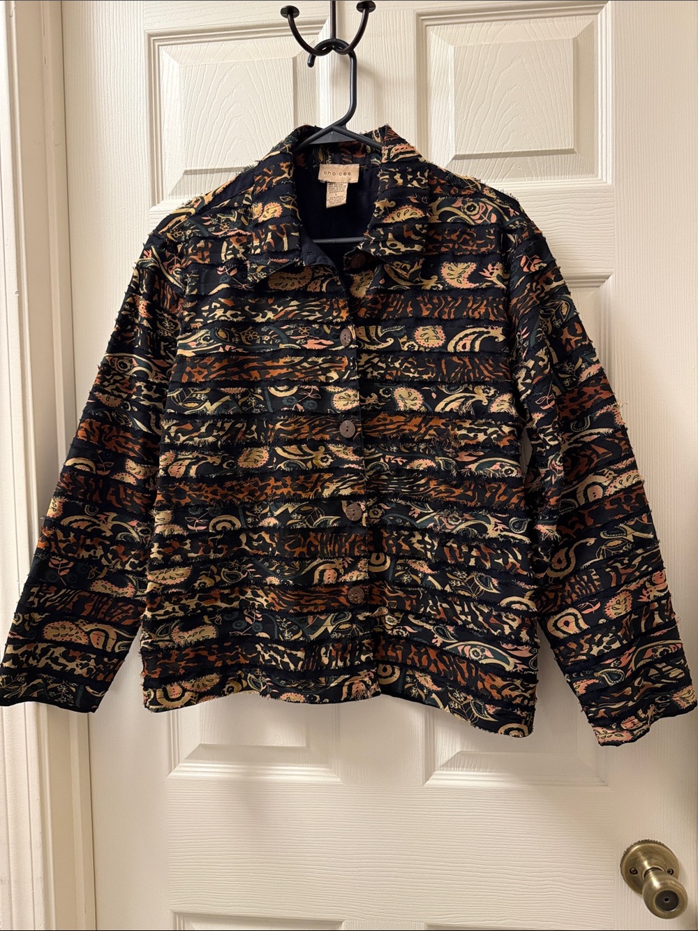Choices Black Multi Patterned Button-Front Textured Jean Jacke